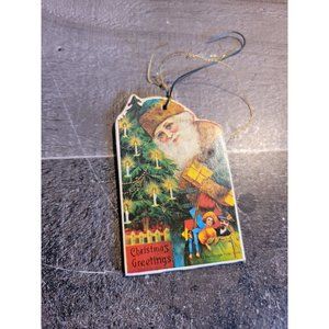 Vintage Christmas greetings Santa toys tree ornament xmas